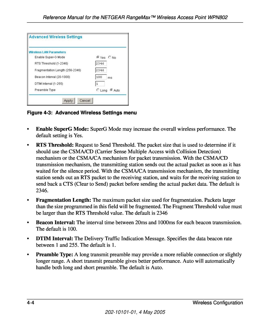 NETGEAR WPN802 manual 3 Advanced Wireless Settings menu 