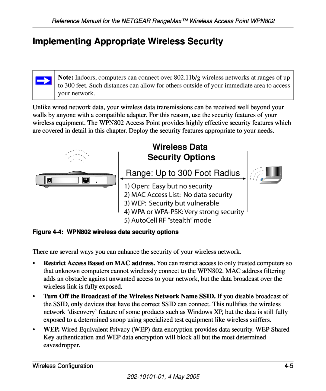 NETGEAR WPN802 Implementing Appropriate Wireless Security, Wireless Data Security Options, Range Up to 300 Foot Radius 