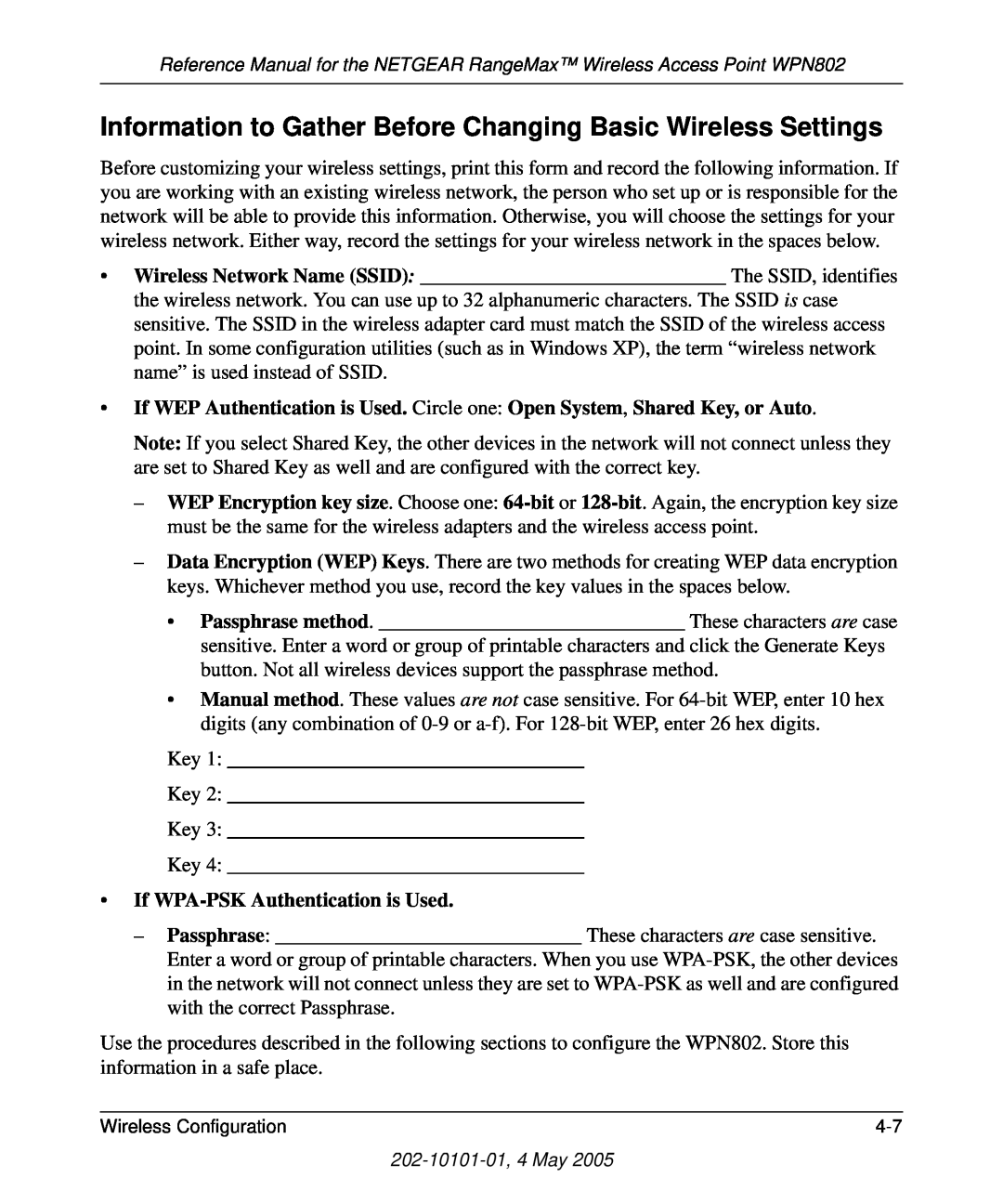 NETGEAR WPN802 manual Information to Gather Before Changing Basic Wireless Settings, If WPA-PSK Authentication is Used 
