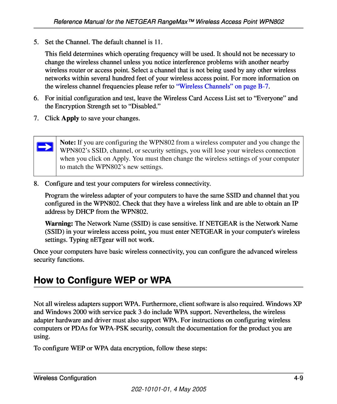 NETGEAR WPN802 manual How to Configure WEP or WPA 