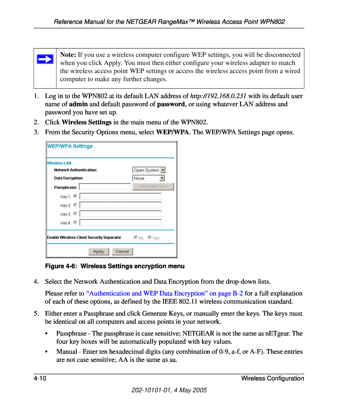 NETGEAR WPN802 manual 6 Wireless Settings encryption menu 