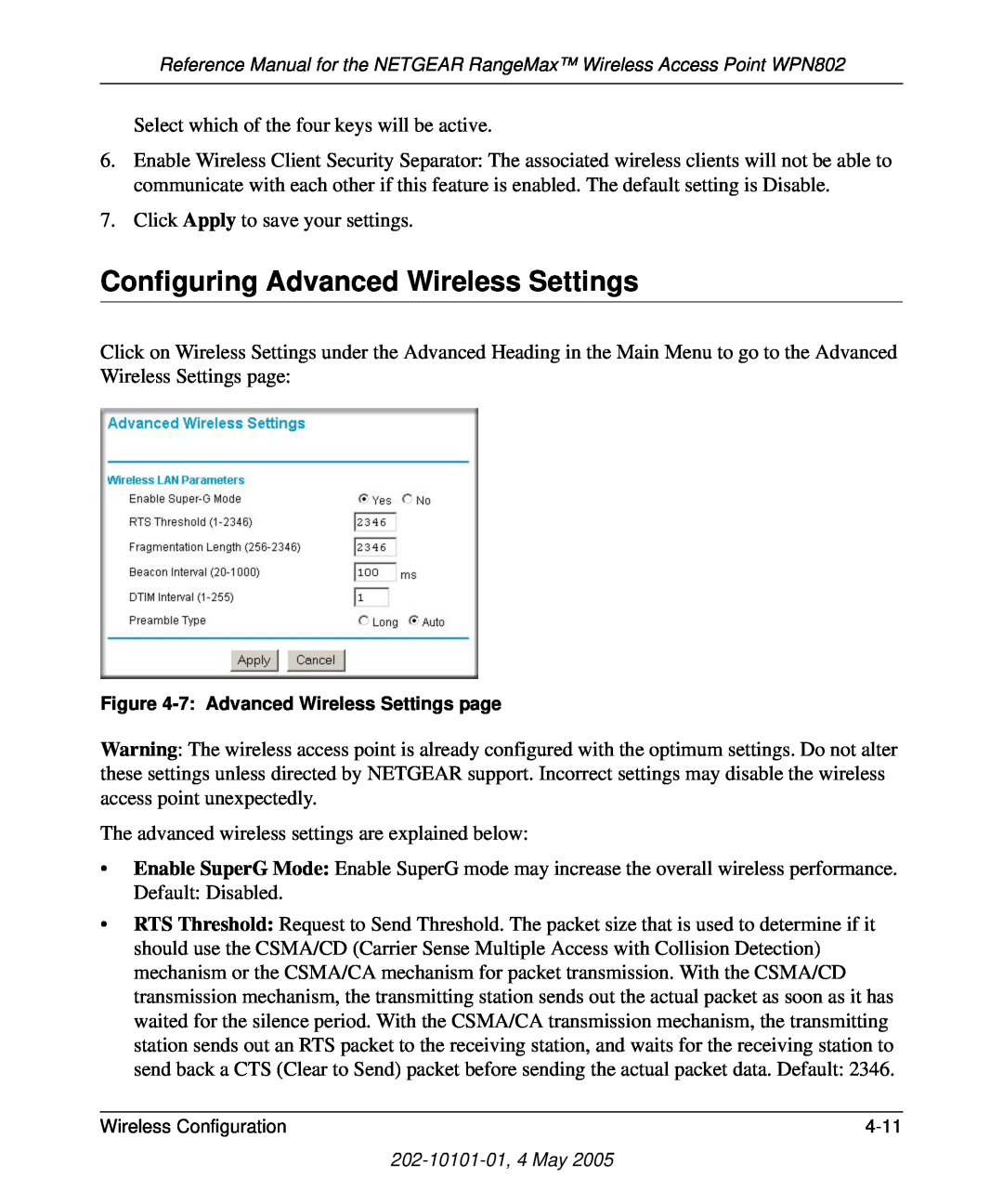 NETGEAR WPN802 manual Configuring Advanced Wireless Settings 