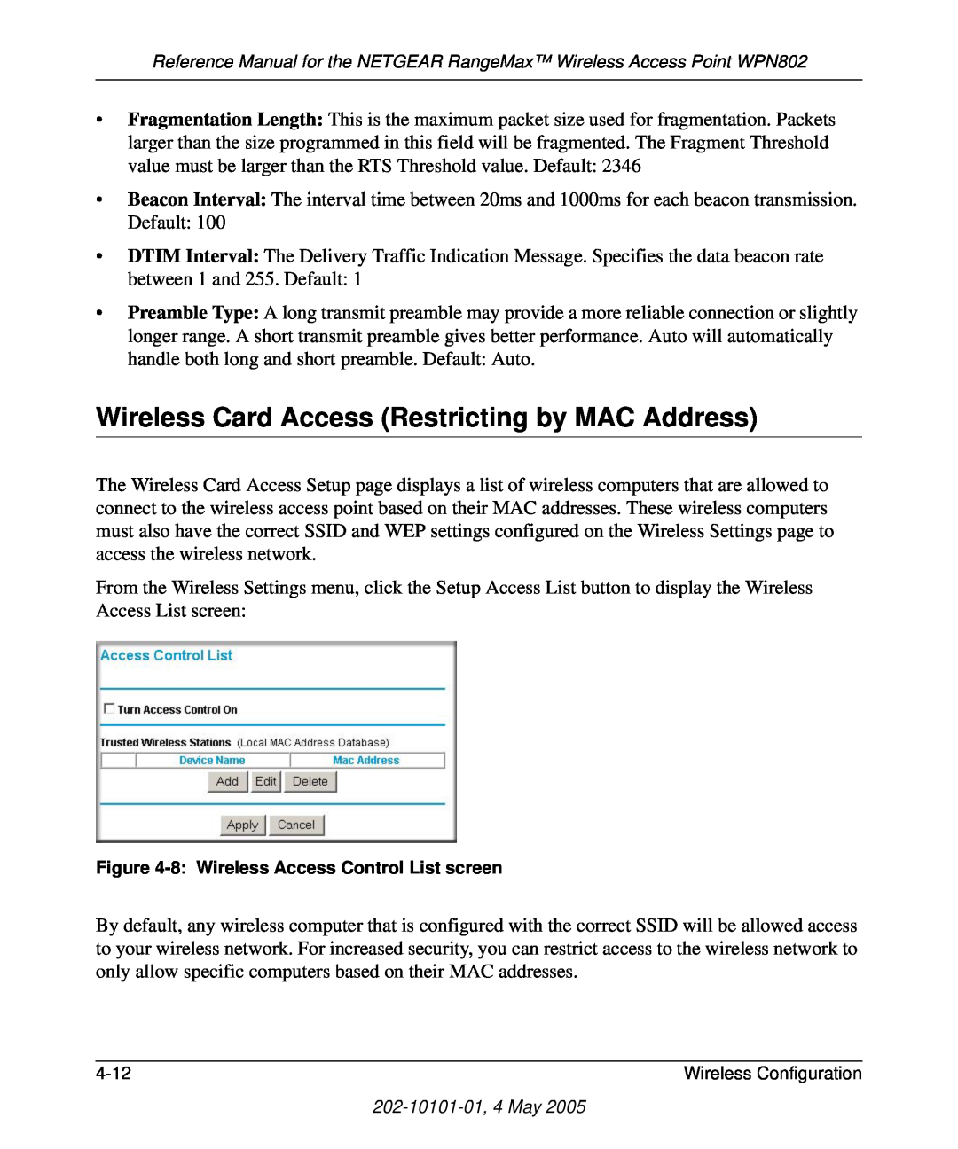 NETGEAR WPN802 manual Wireless Card Access Restricting by MAC Address 