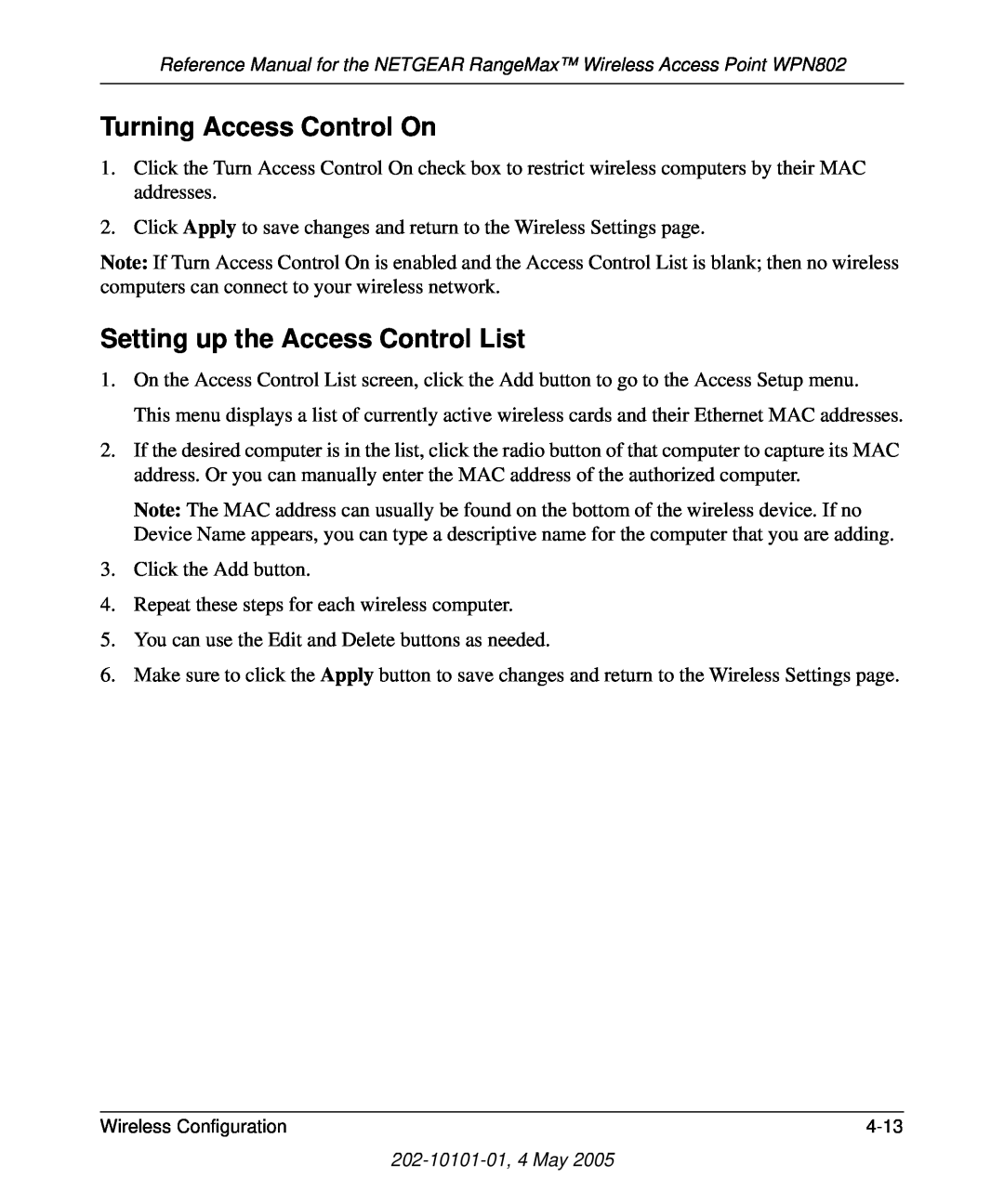 NETGEAR WPN802 manual Turning Access Control On, Setting up the Access Control List 