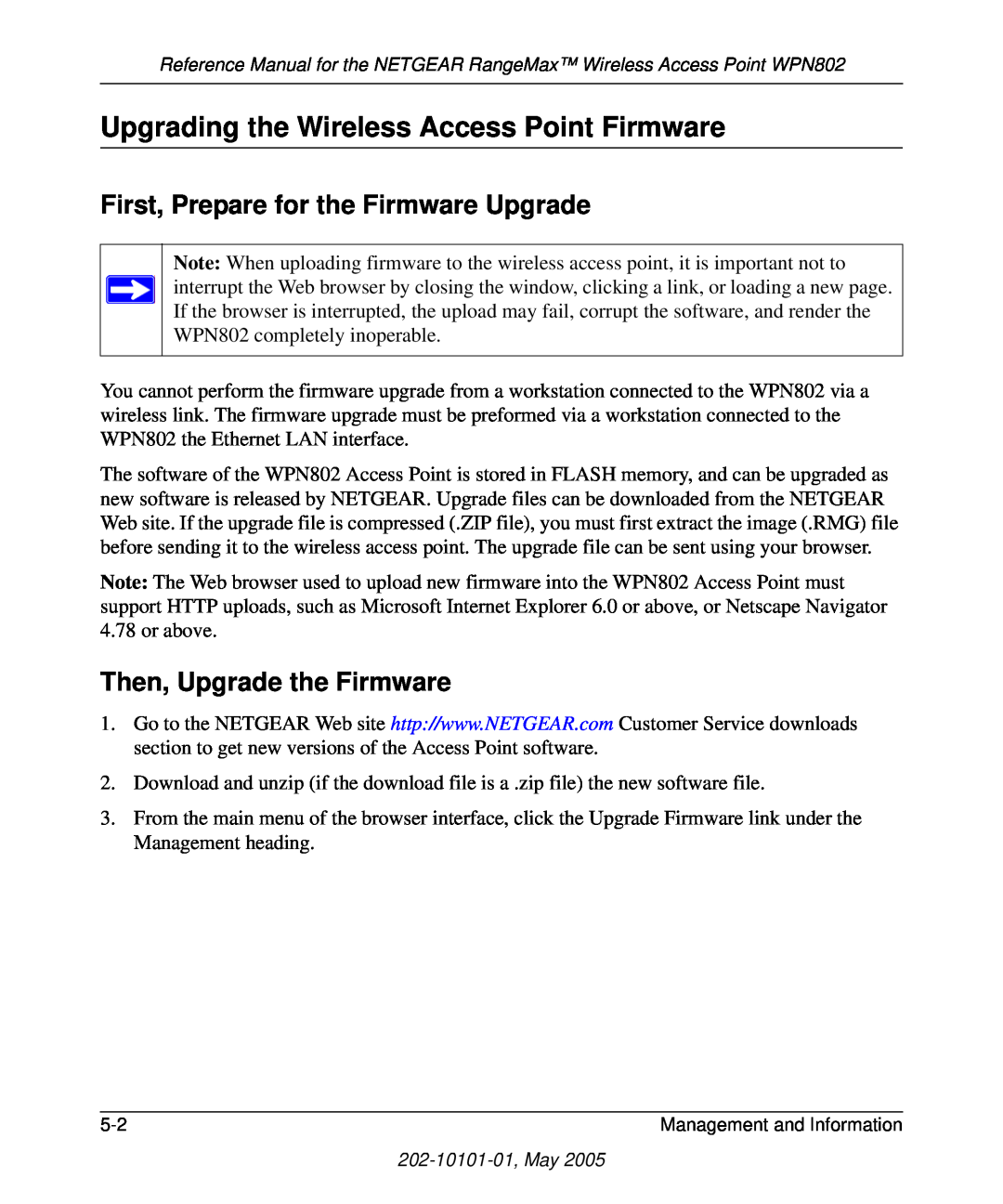 NETGEAR WPN802 manual Upgrading the Wireless Access Point Firmware, First, Prepare for the Firmware Upgrade 
