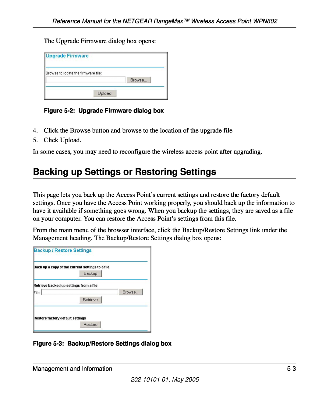 NETGEAR WPN802 manual Backing up Settings or Restoring Settings 