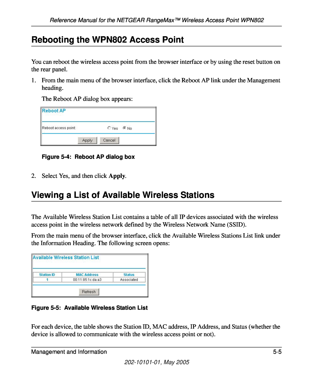 NETGEAR manual Rebooting the WPN802 Access Point, Viewing a List of Available Wireless Stations 