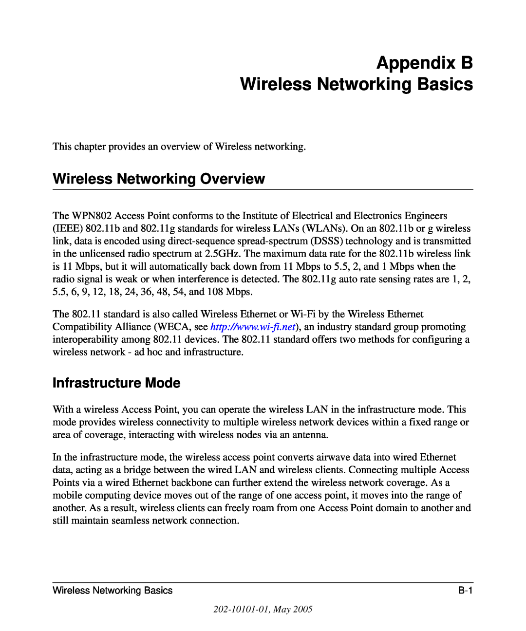NETGEAR WPN802 manual Appendix B Wireless Networking Basics, Wireless Networking Overview, Infrastructure Mode 