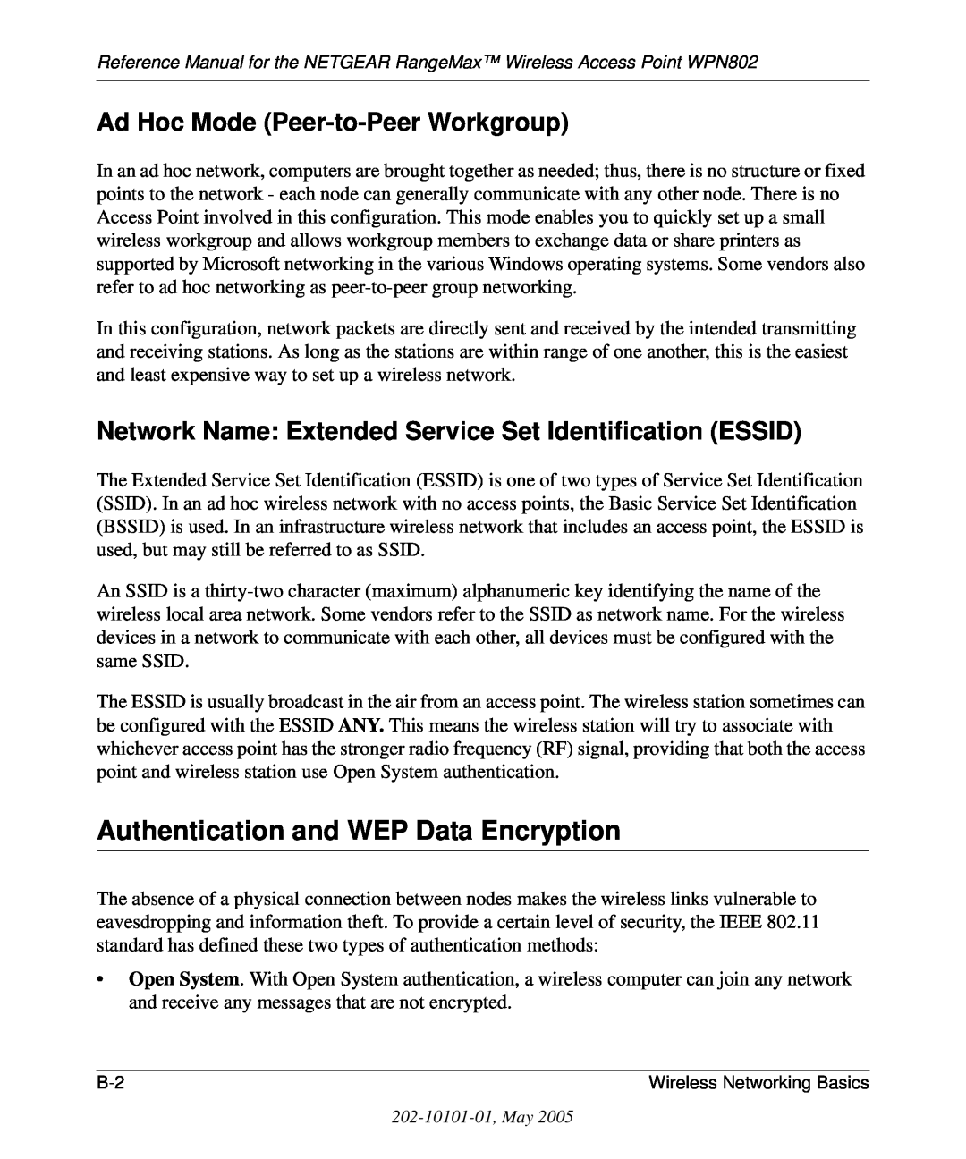 NETGEAR WPN802 manual Authentication and WEP Data Encryption, Ad Hoc Mode Peer-to-Peer Workgroup 