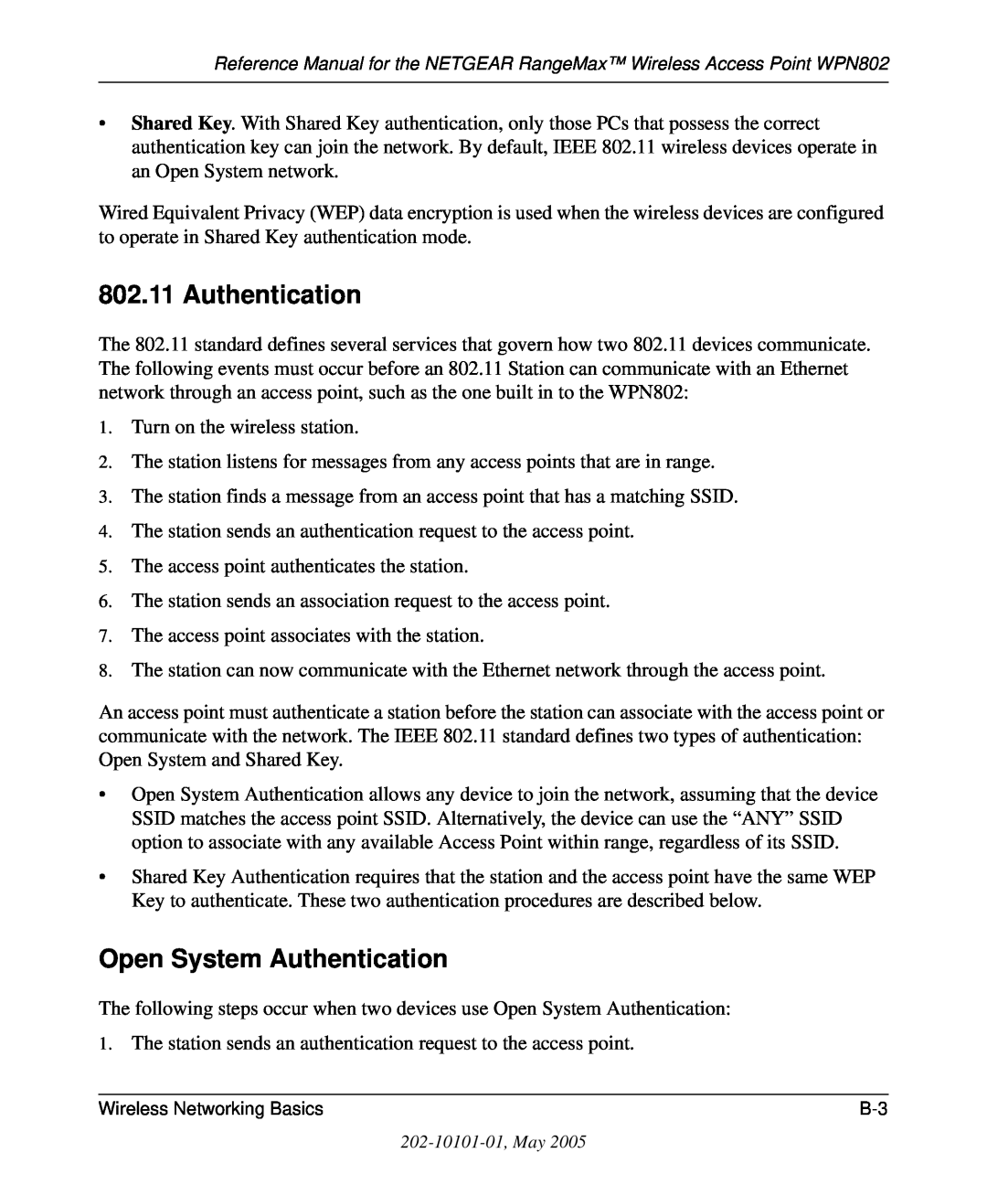 NETGEAR WPN802 manual Open System Authentication 