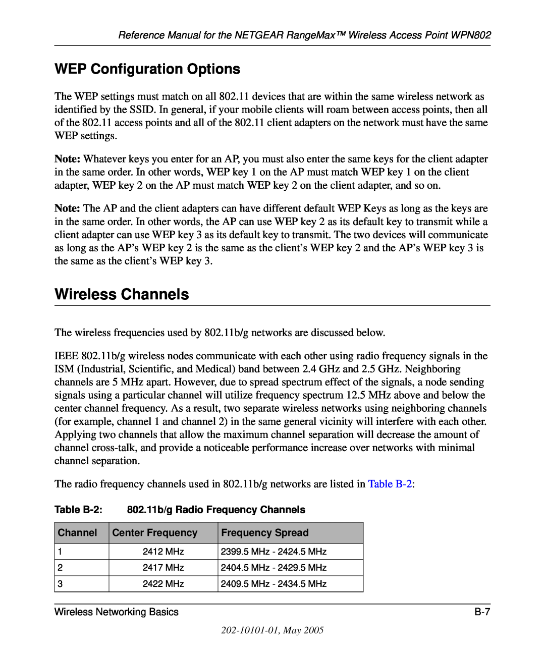 NETGEAR WPN802 manual Wireless Channels, WEP Configuration Options 