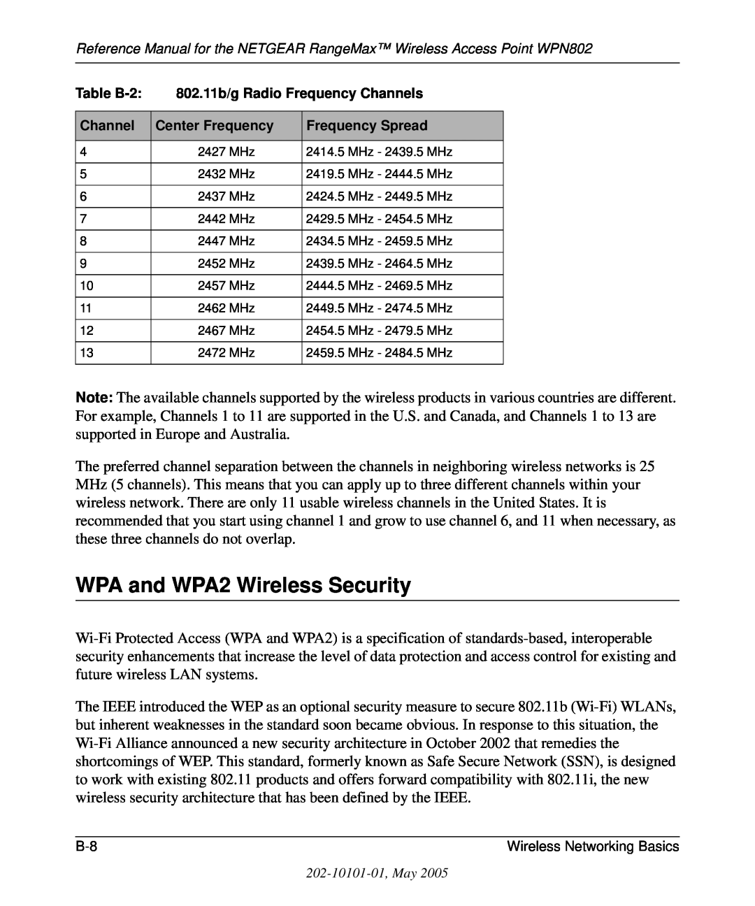 NETGEAR WPN802 manual WPA and WPA2 Wireless Security 