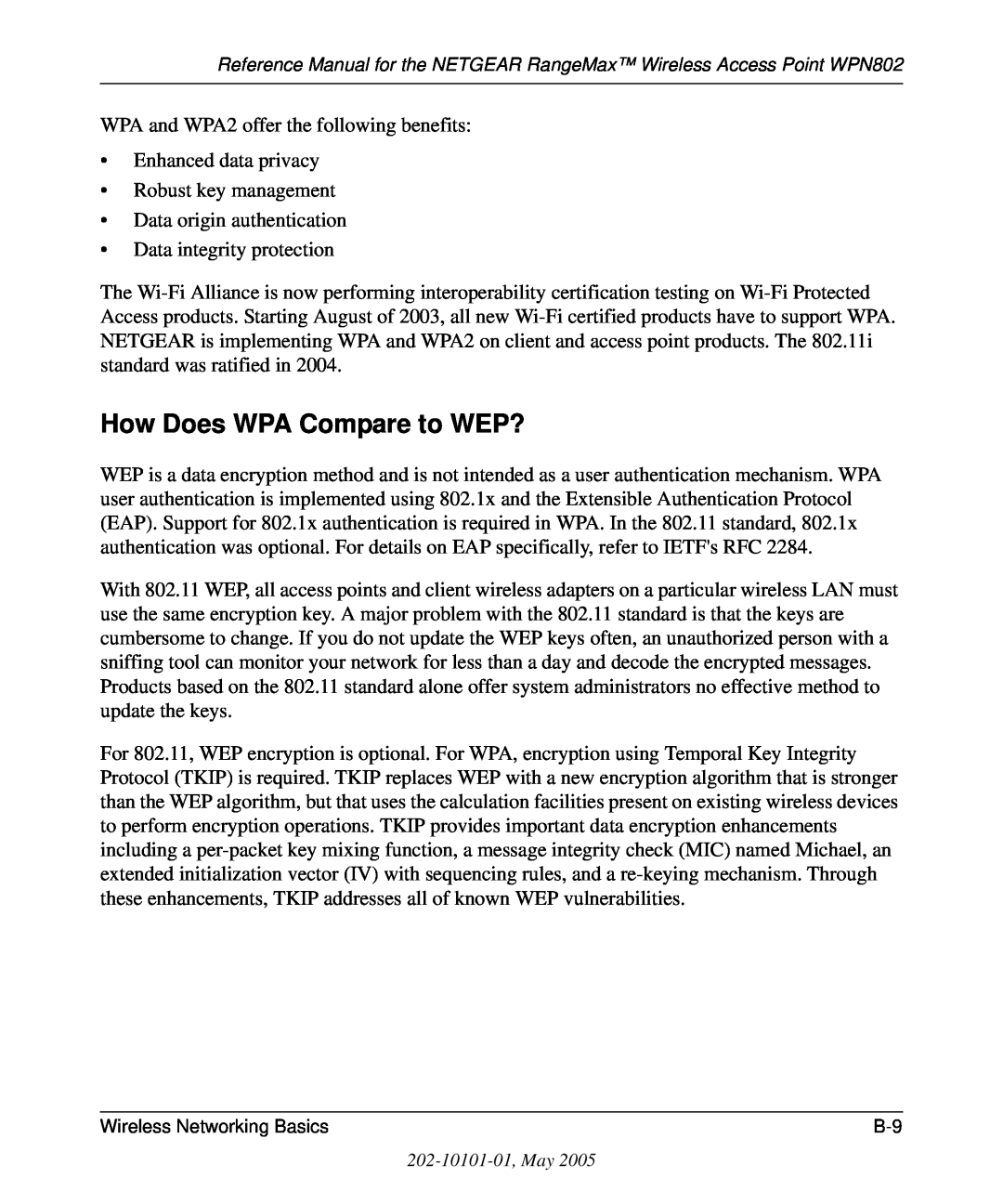 NETGEAR WPN802 manual How Does WPA Compare to WEP? 