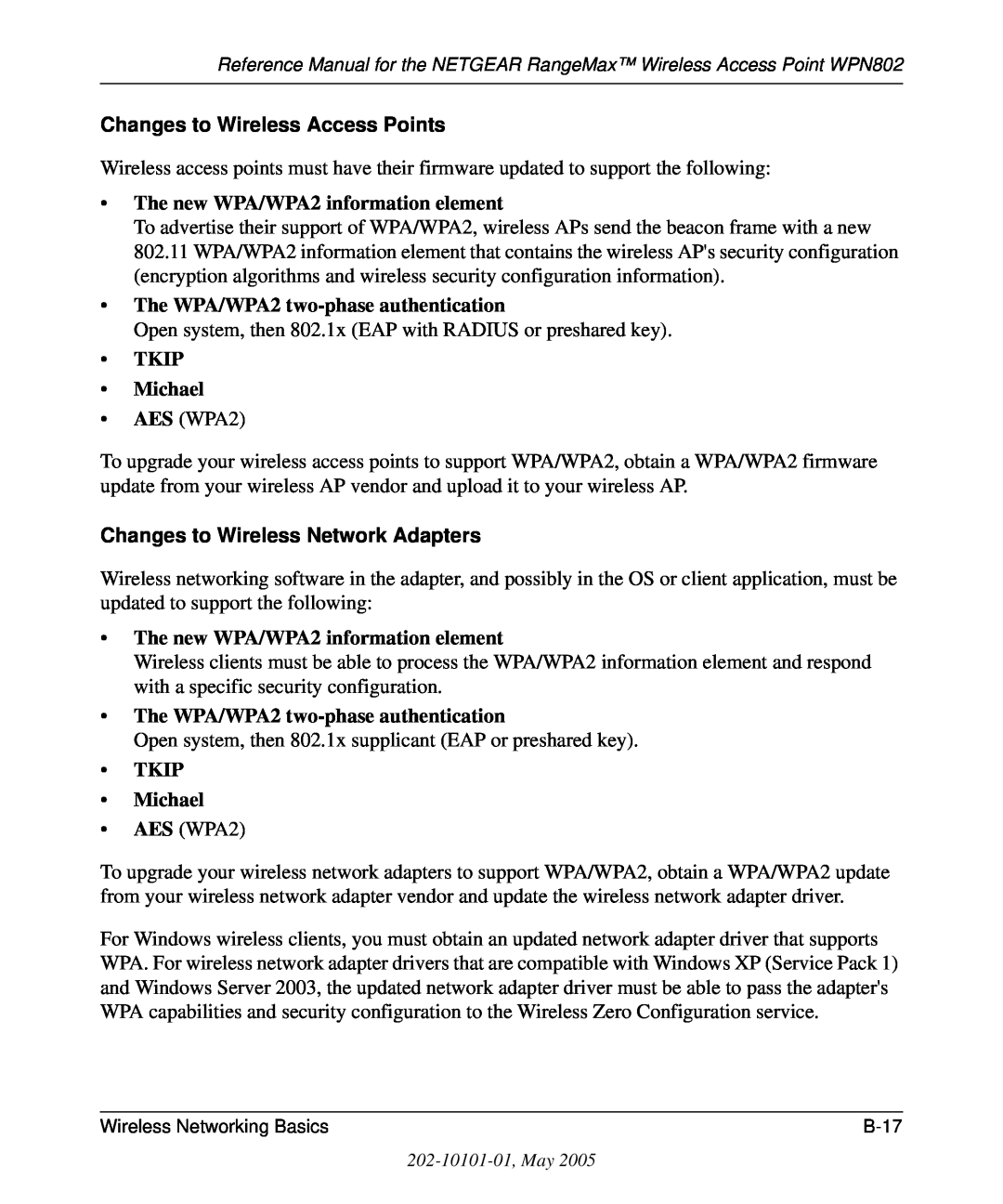 NETGEAR WPN802 manual Changes to Wireless Access Points, The new WPA/WPA2 information element, TKIP Michael 