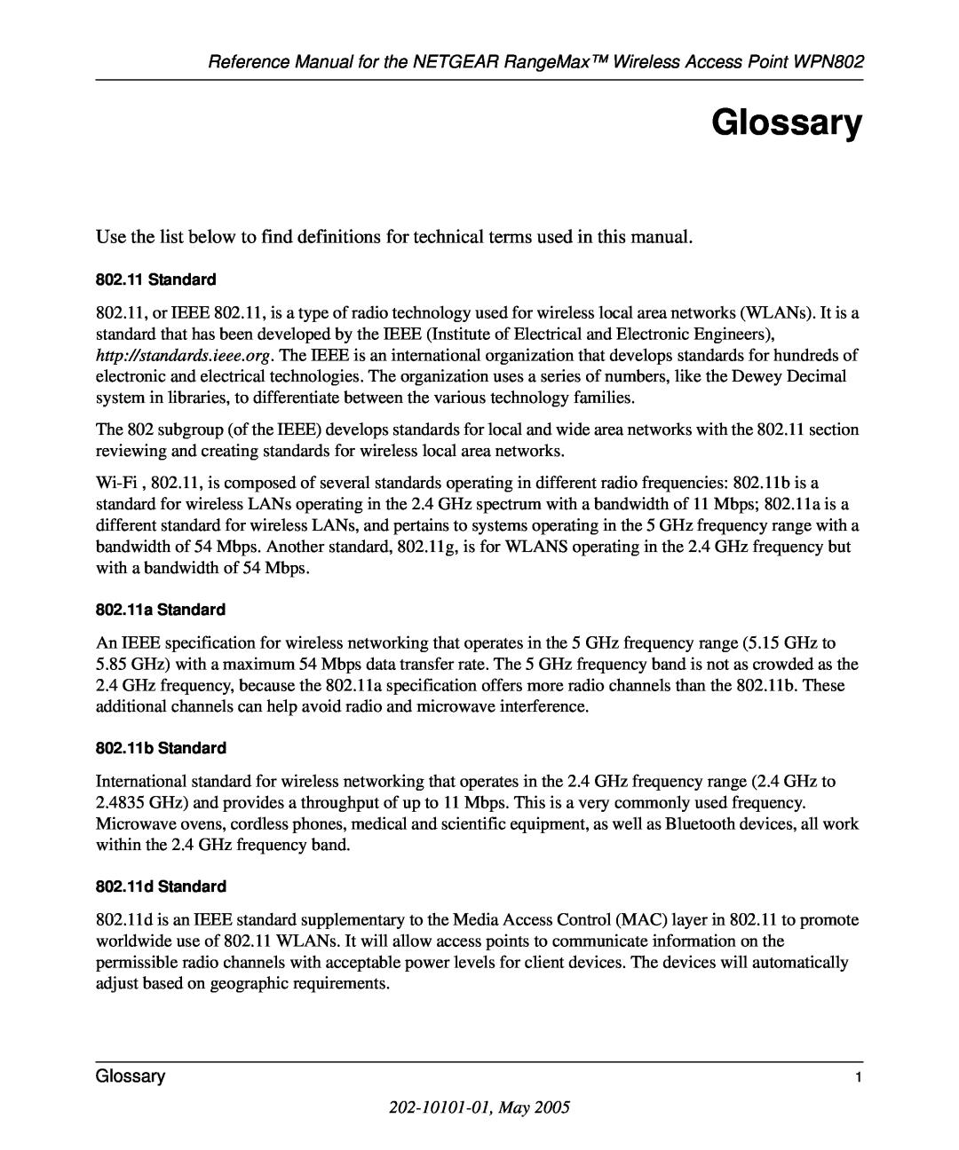 NETGEAR WPN802 manual Glossary, 202-10101-01, May 
