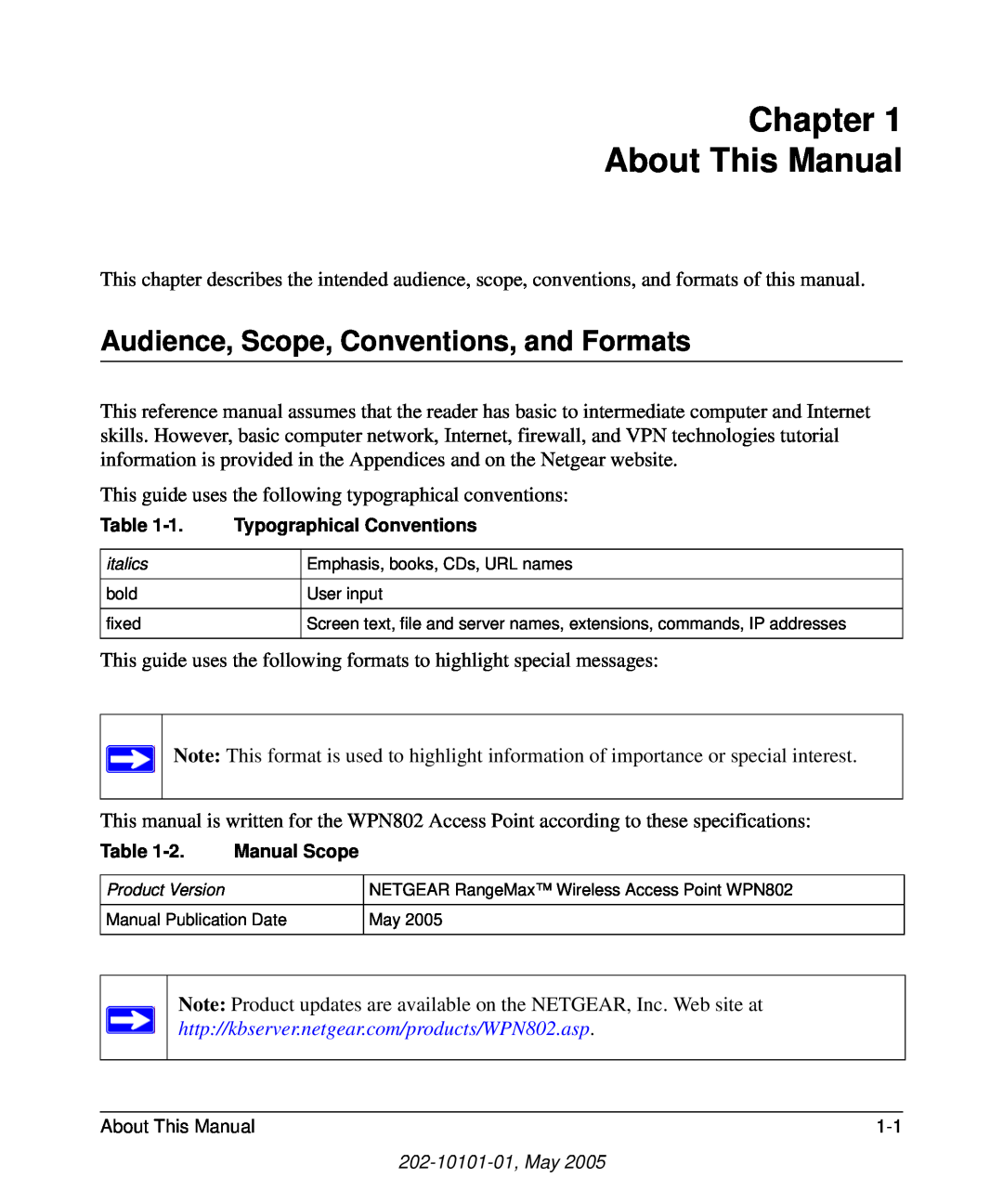NETGEAR WPN802 manual Chapter About This Manual, Audience, Scope, Conventions, and Formats 