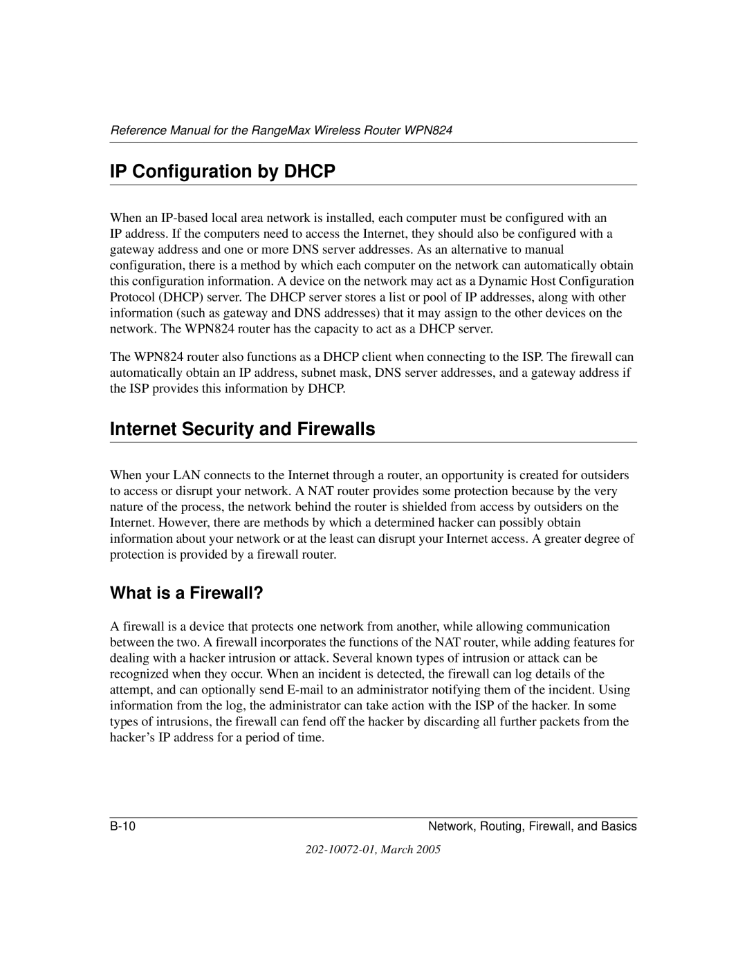 NETGEAR WPN824 manual IP Configuration by Dhcp, Internet Security and Firewalls, What is a Firewall? 