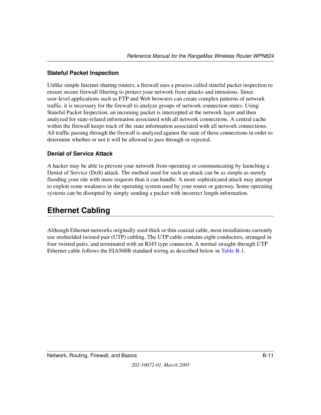 NETGEAR WPN824 manual Ethernet Cabling, Stateful Packet Inspection 