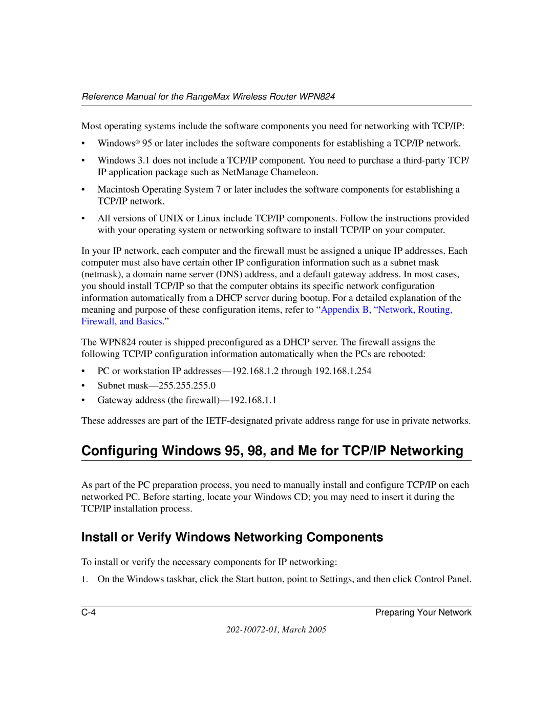 NETGEAR WPN824 Configuring Windows 95, 98, and Me for TCP/IP Networking, Install or Verify Windows Networking Components 