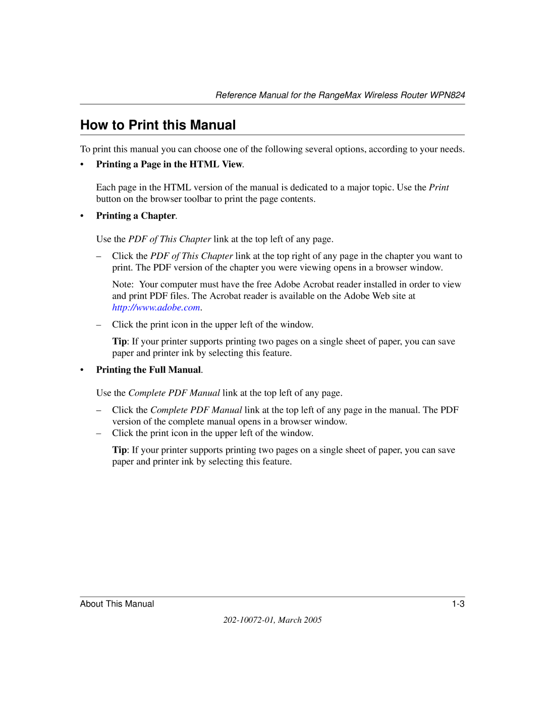 NETGEAR WPN824 manual How to Print this Manual, Printing a Page in the Html View 