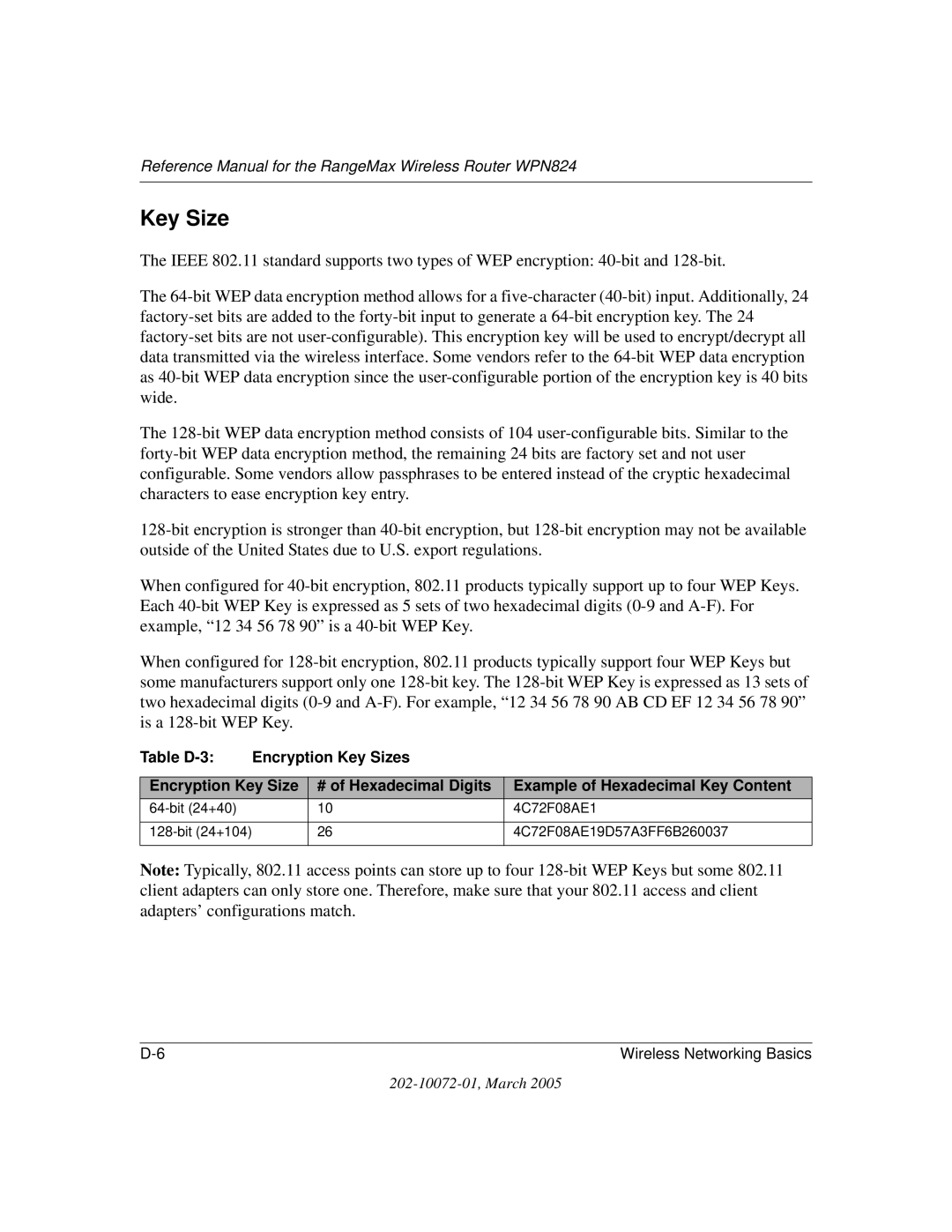 NETGEAR WPN824 manual Key Size 