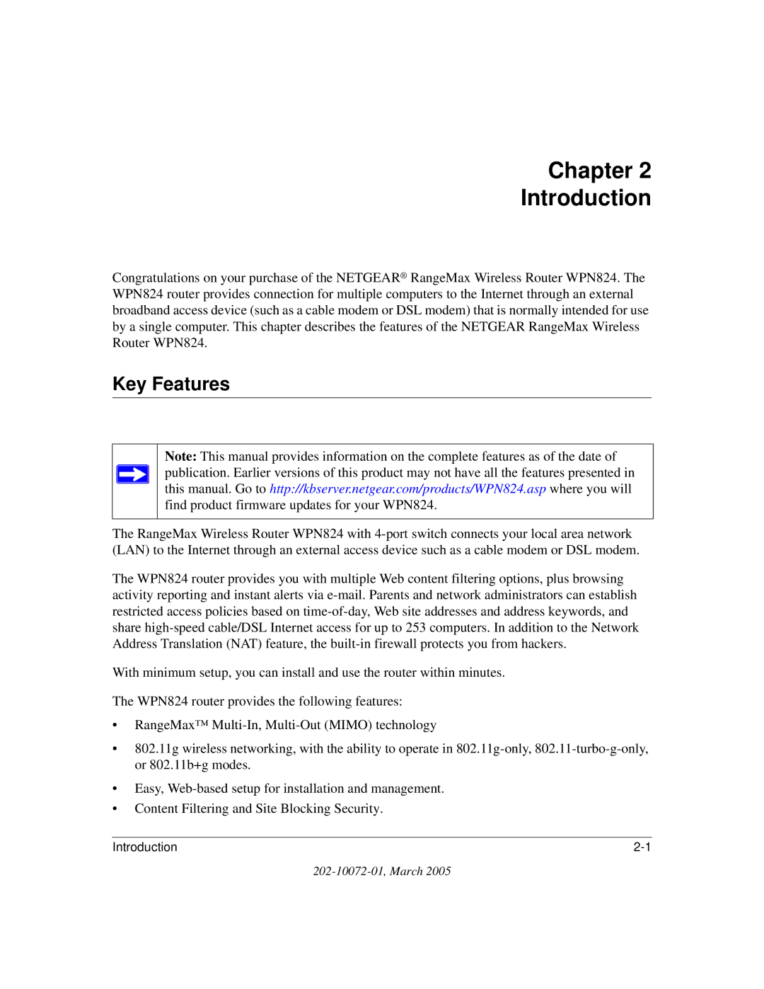 NETGEAR WPN824 manual Chapter Introduction, Key Features 