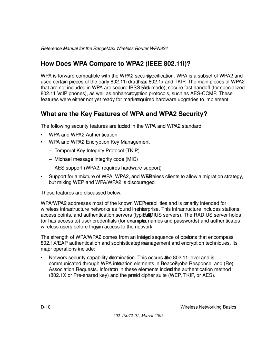 NETGEAR WPN824 manual How Does WPA Compare to WPA2 Ieee 802.11i?, What are the Key Features of WPA and WPA2 Security? 