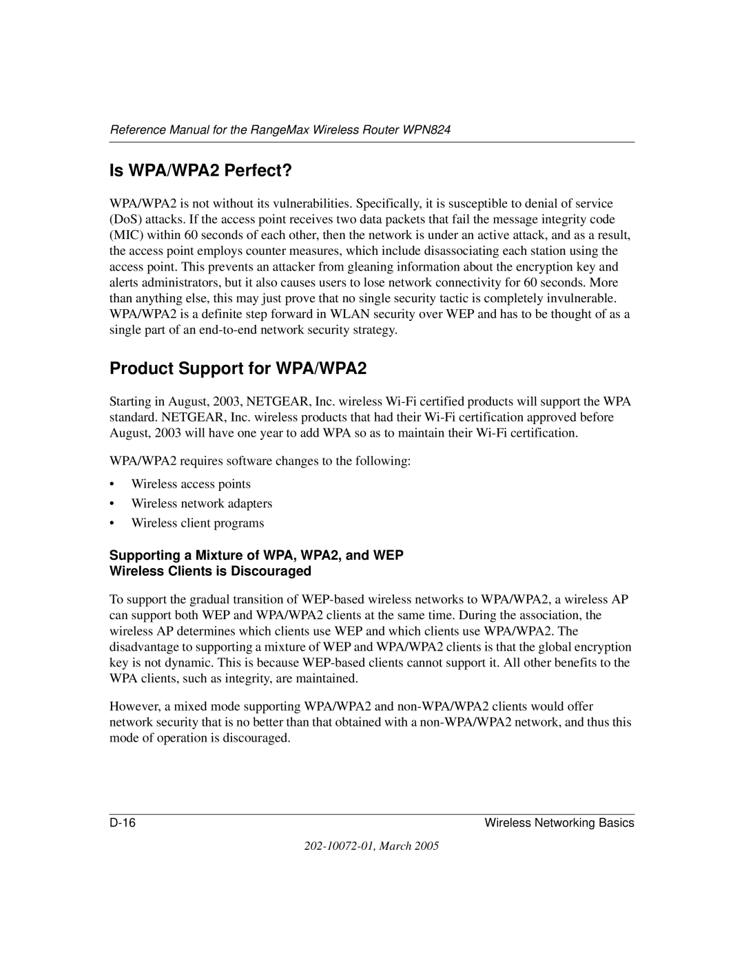 NETGEAR WPN824 manual Is WPA/WPA2 Perfect?, Product Support for WPA/WPA2 