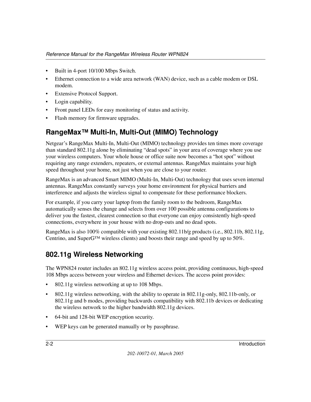 NETGEAR WPN824 manual RangeMax Multi-In, Multi-Out Mimo Technology, 802.11g Wireless Networking 