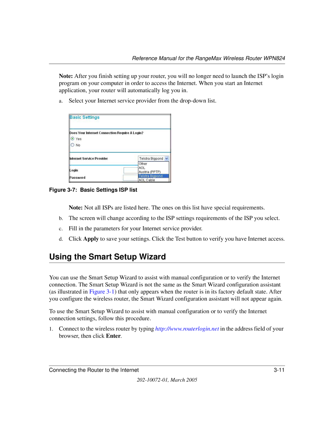 NETGEAR WPN824 manual Using the Smart Setup Wizard, Basic Settings ISP list 