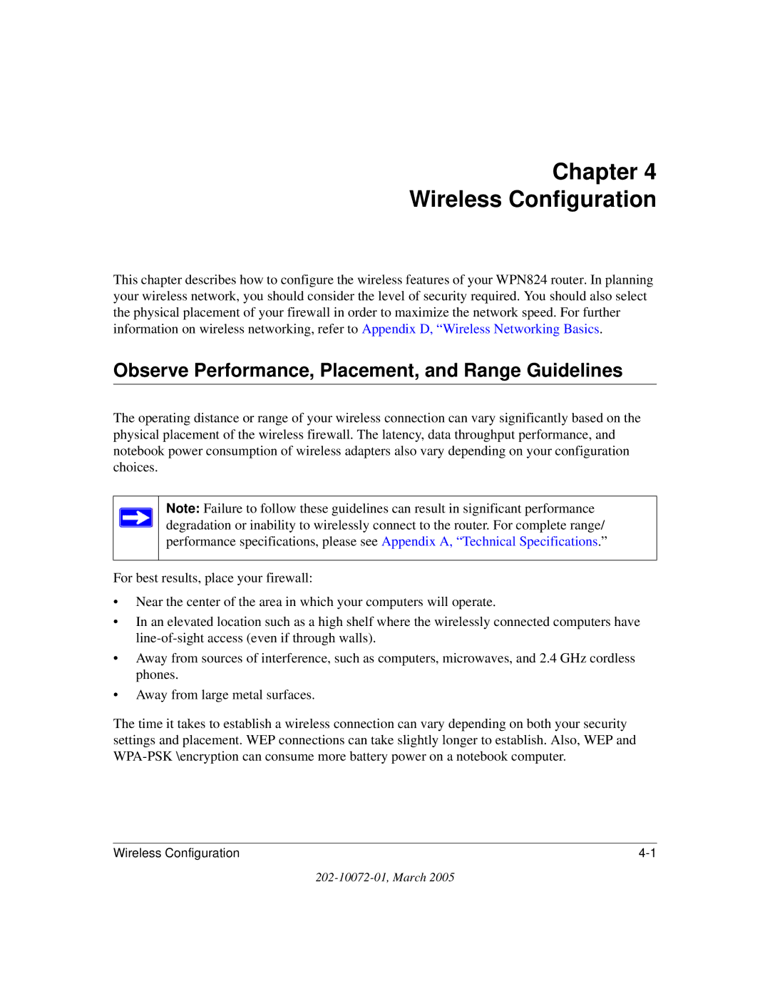 NETGEAR WPN824 manual Chapter Wireless Configuration, Observe Performance, Placement, and Range Guidelines 