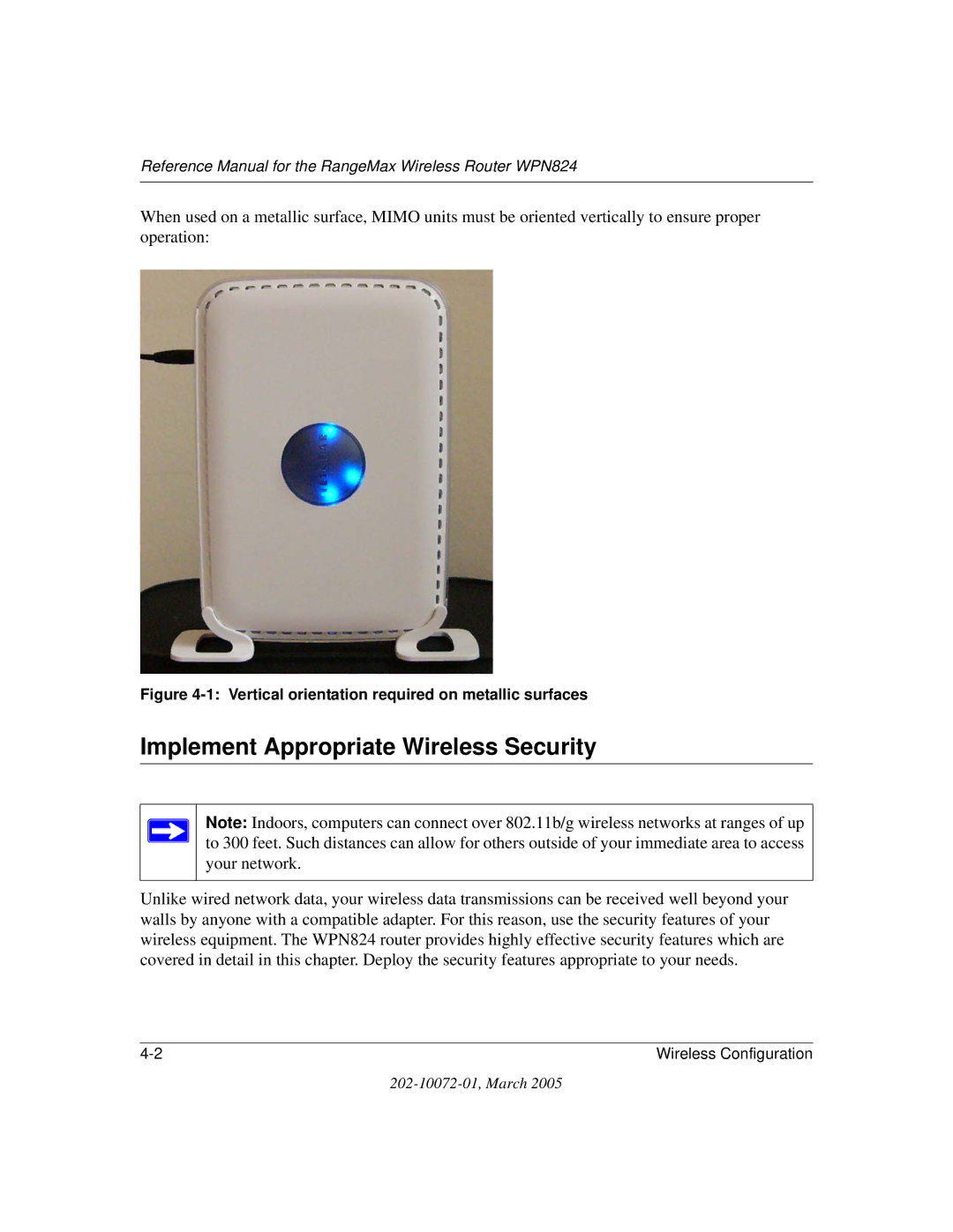 NETGEAR WPN824 manual Implement Appropriate Wireless Security, Vertical orientation required on metallic surfaces 