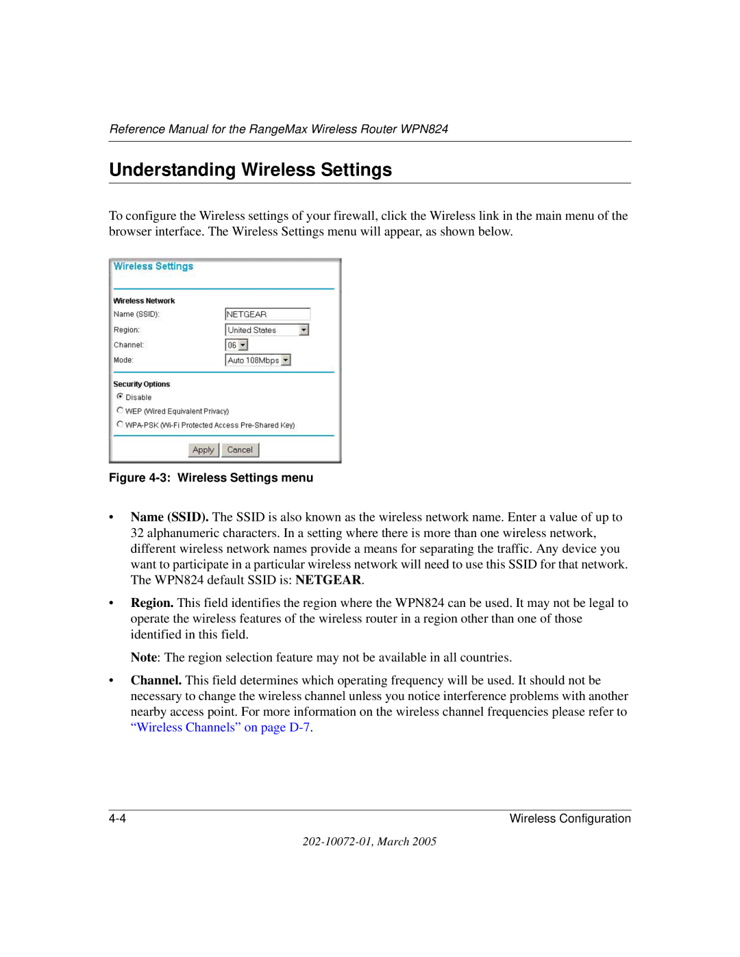 NETGEAR WPN824 manual Understanding Wireless Settings, Wireless Settings menu 