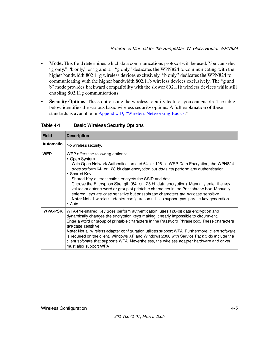 NETGEAR WPN824 manual Basic Wireless Security Options 