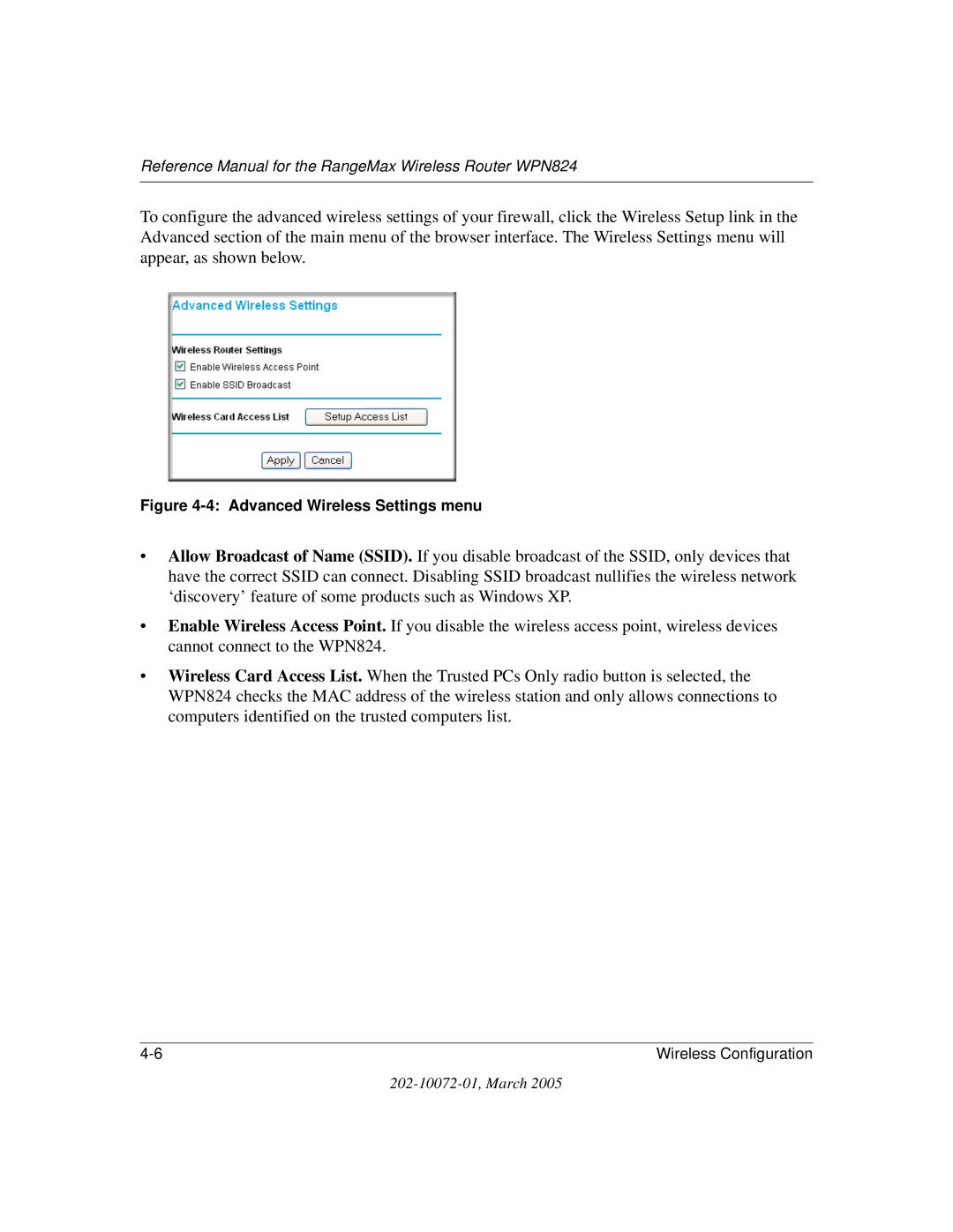 NETGEAR WPN824 manual Advanced Wireless Settings menu 