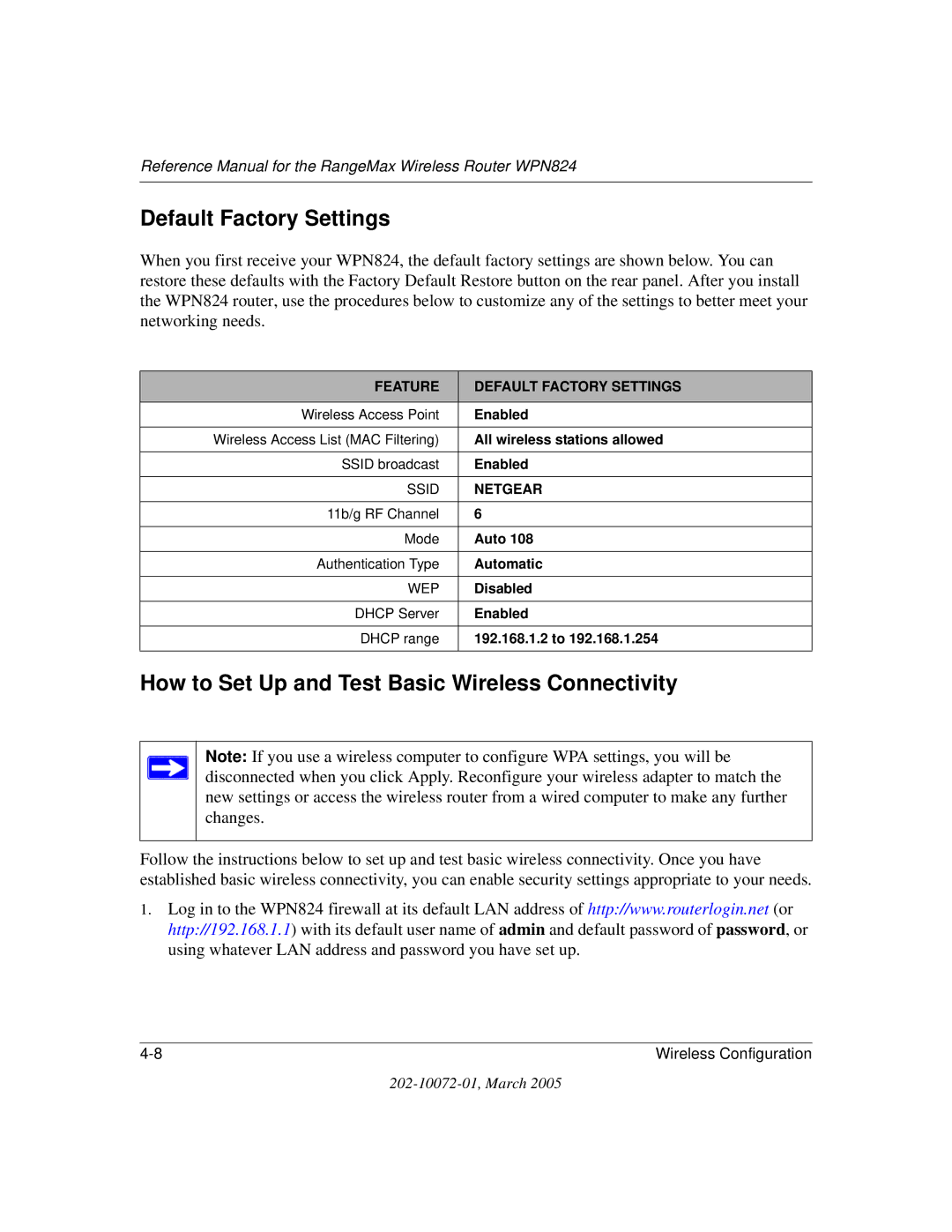 NETGEAR WPN824 manual Default Factory Settings, How to Set Up and Test Basic Wireless Connectivity 