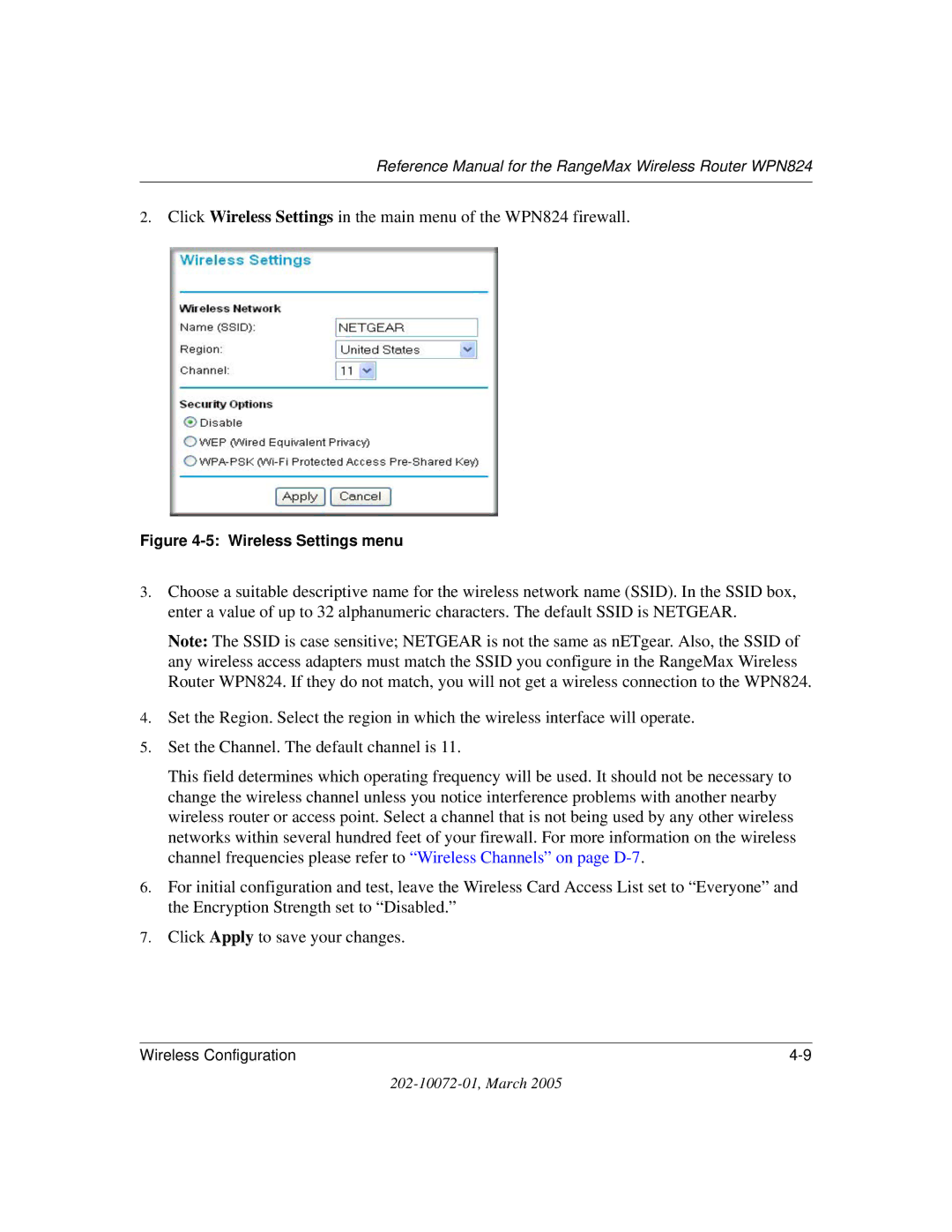 NETGEAR WPN824 manual Wireless Settings menu 