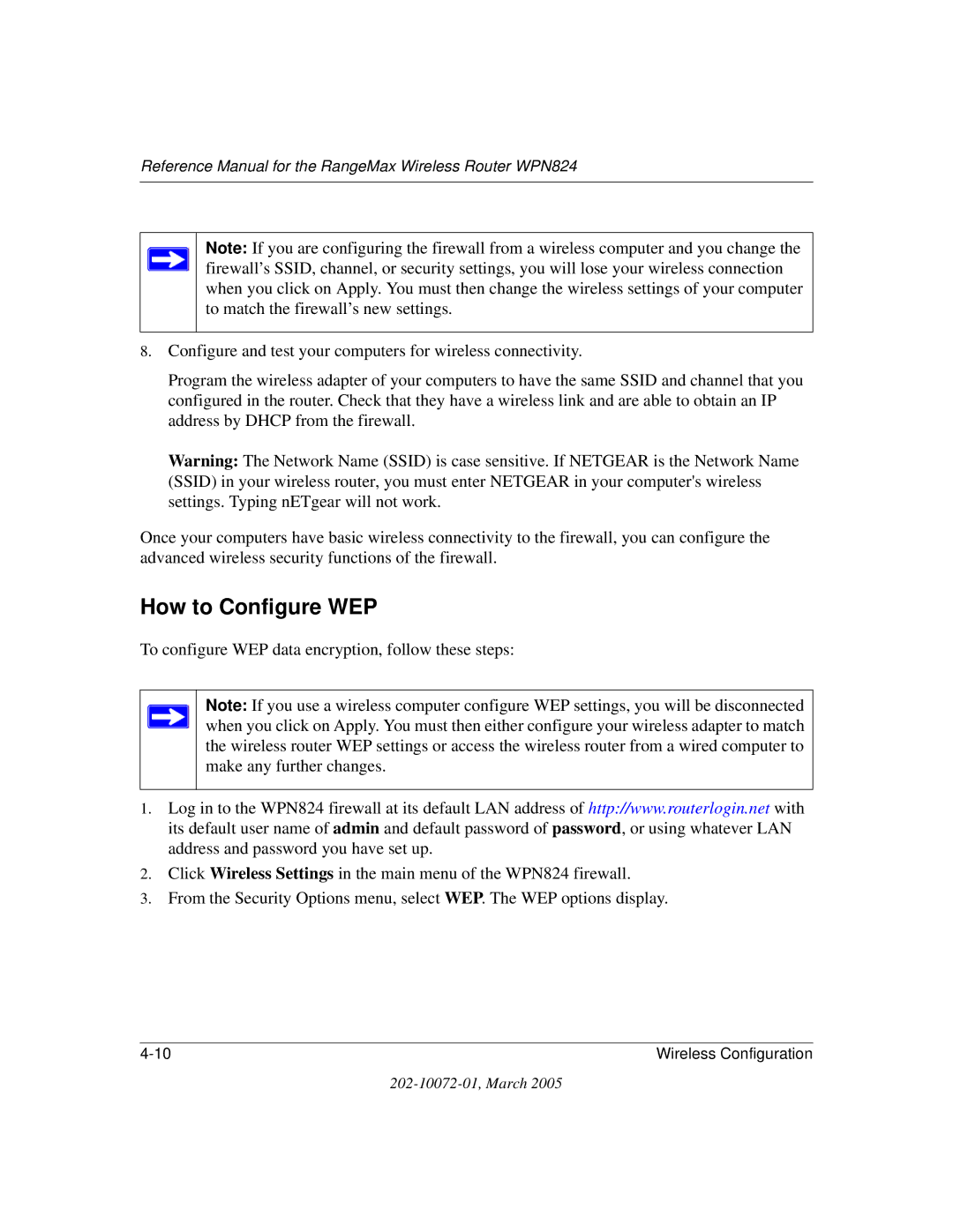 NETGEAR WPN824 manual How to Configure WEP 