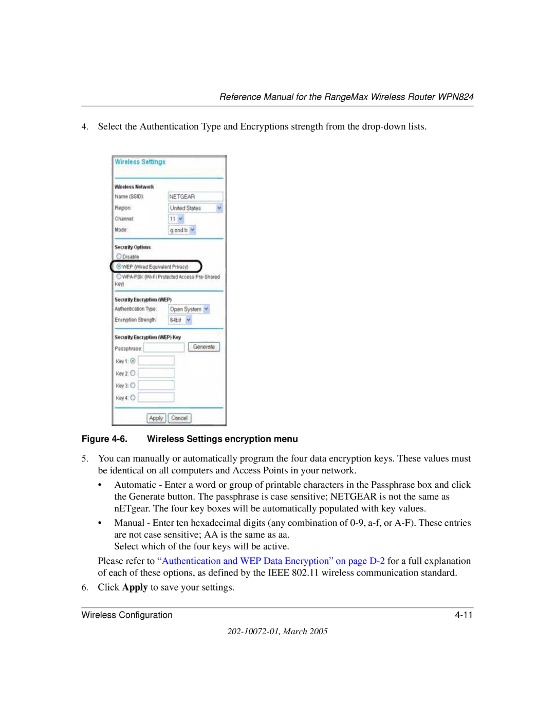 NETGEAR WPN824 manual Wireless Settings encryption menu 