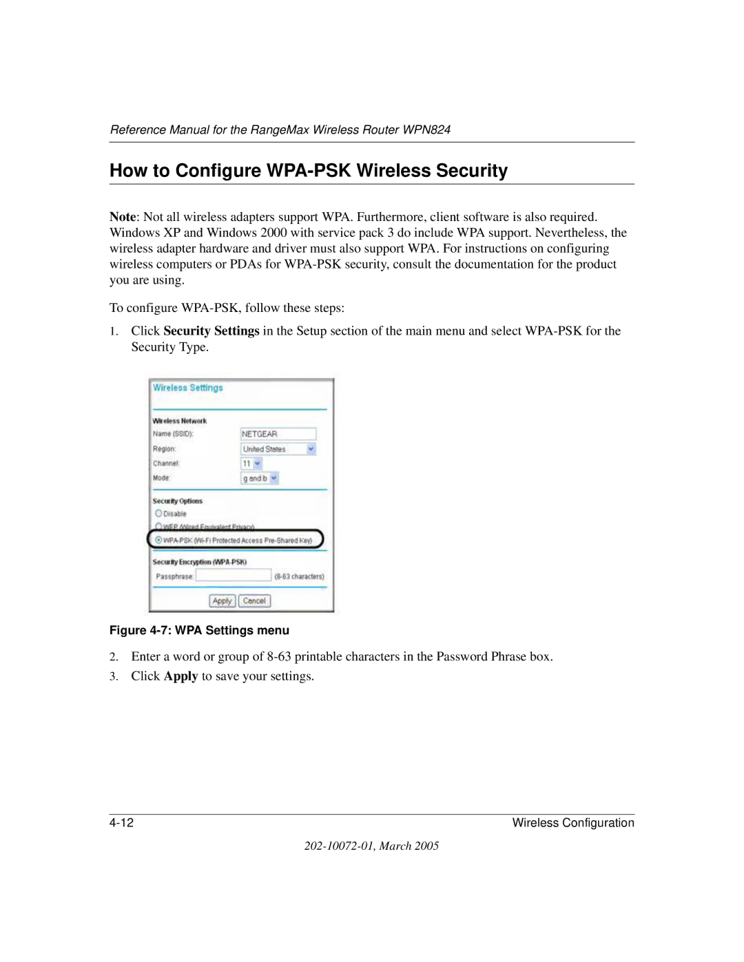 NETGEAR WPN824 manual How to Configure WPA-PSK Wireless Security, WPA Settings menu 