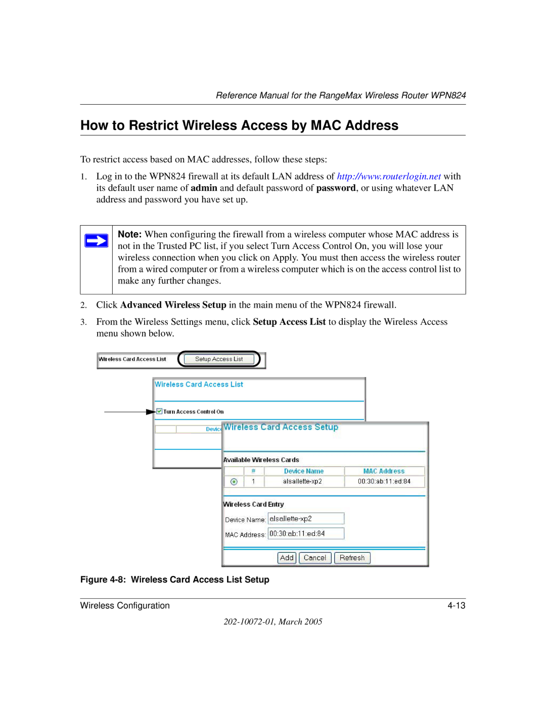 NETGEAR WPN824 manual How to Restrict Wireless Access by MAC Address, Wireless Card Access List Setup 