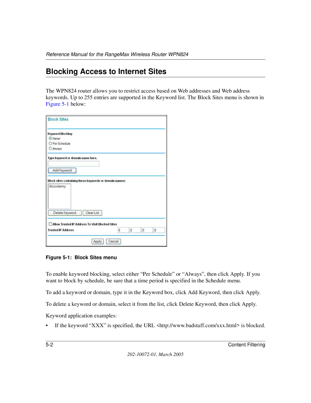 NETGEAR WPN824 manual Blocking Access to Internet Sites, Block Sites menu 