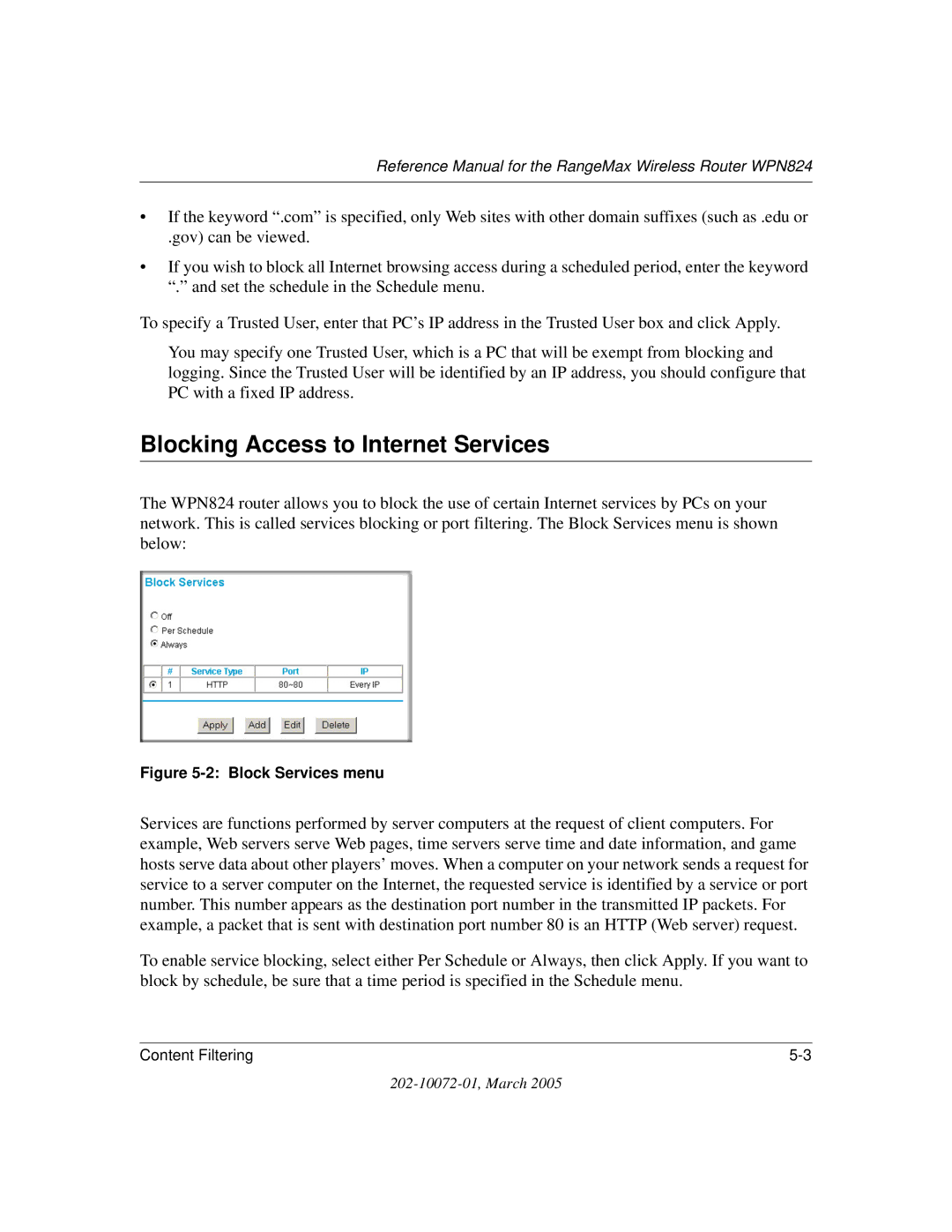 NETGEAR WPN824 manual Blocking Access to Internet Services, Block Services menu 