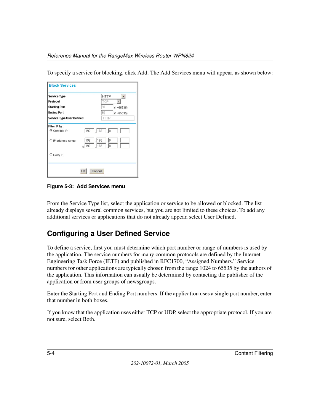 NETGEAR WPN824 manual Configuring a User Defined Service, Add Services menu 