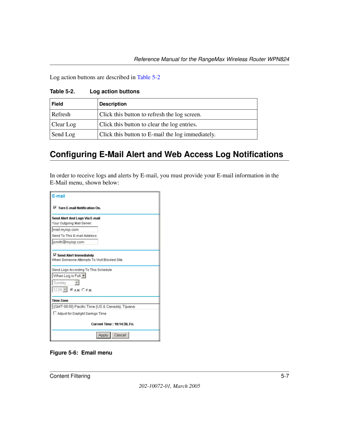 NETGEAR WPN824 manual Configuring E-Mail Alert and Web Access Log Notifications, Email menu 