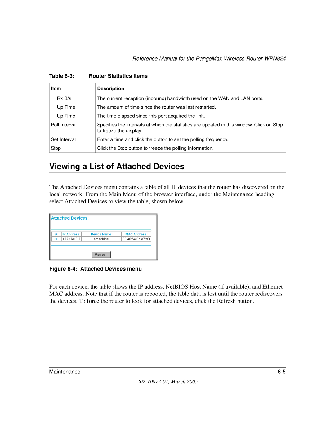 NETGEAR WPN824 manual Viewing a List of Attached Devices, Attached Devices menu 