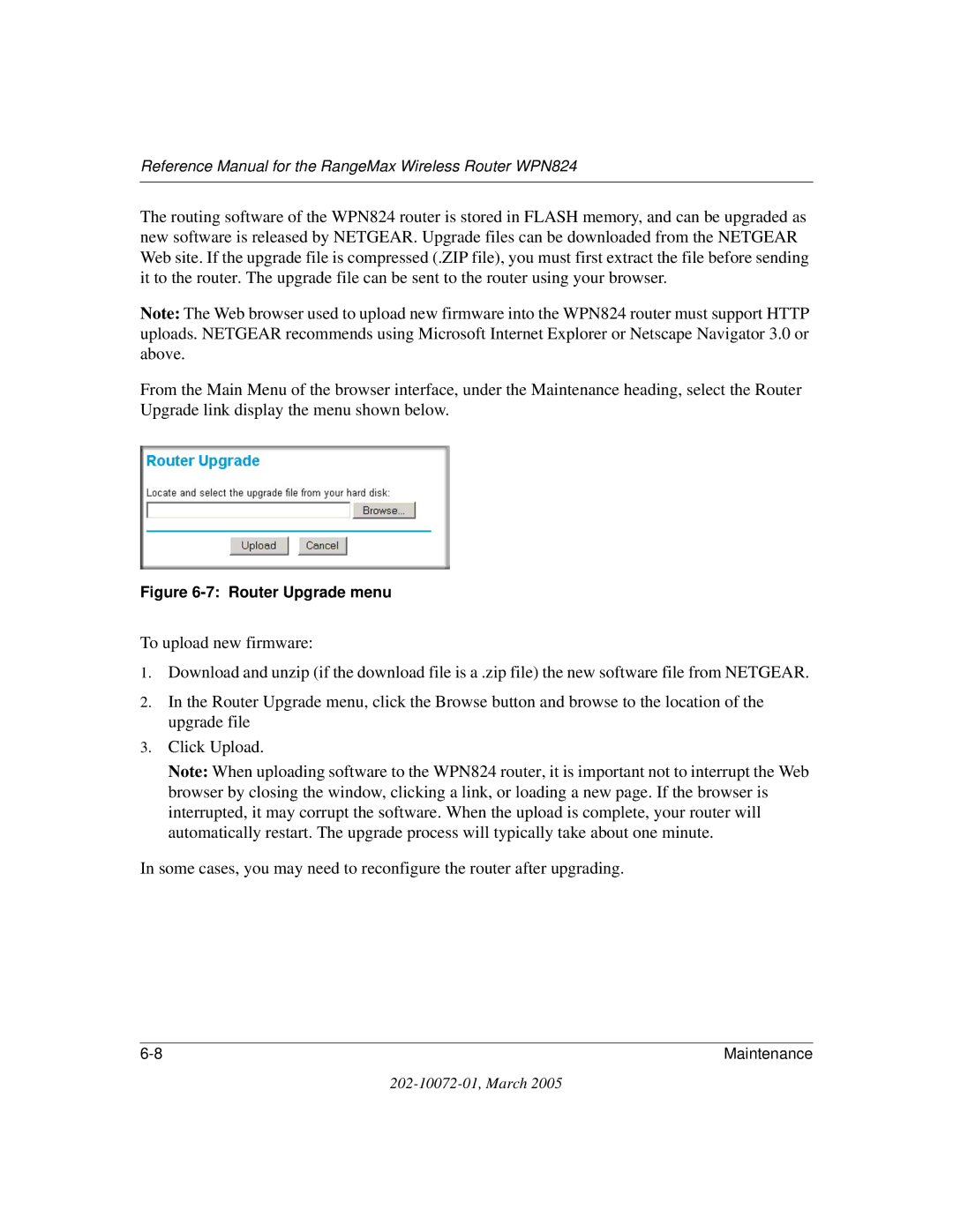 NETGEAR WPN824 manual Router Upgrade menu 