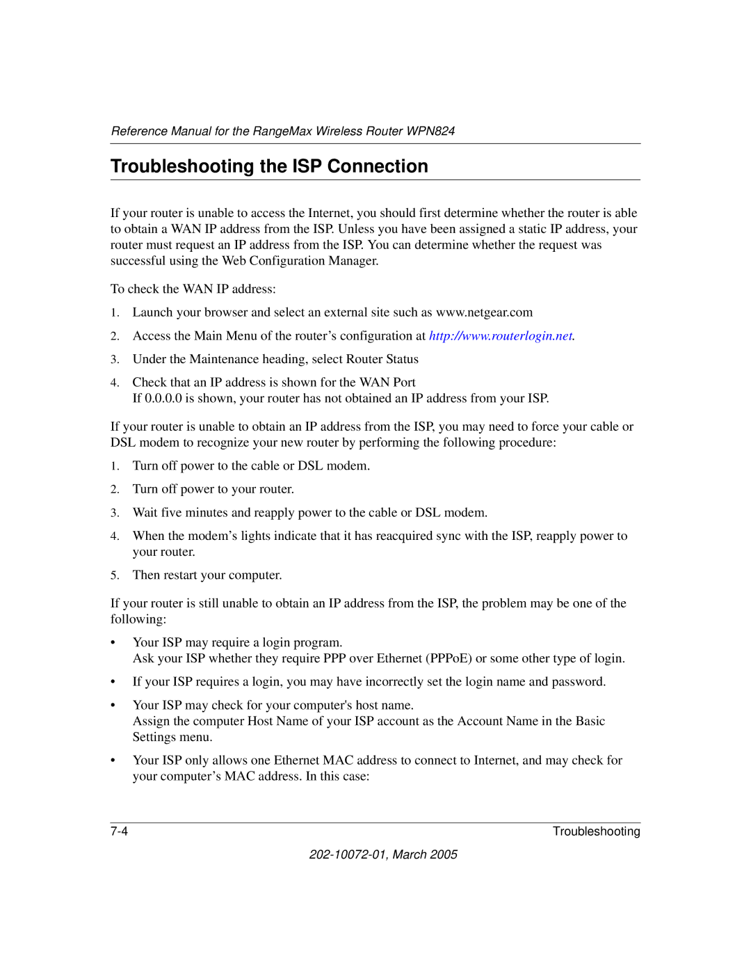 NETGEAR WPN824 manual Troubleshooting the ISP Connection 