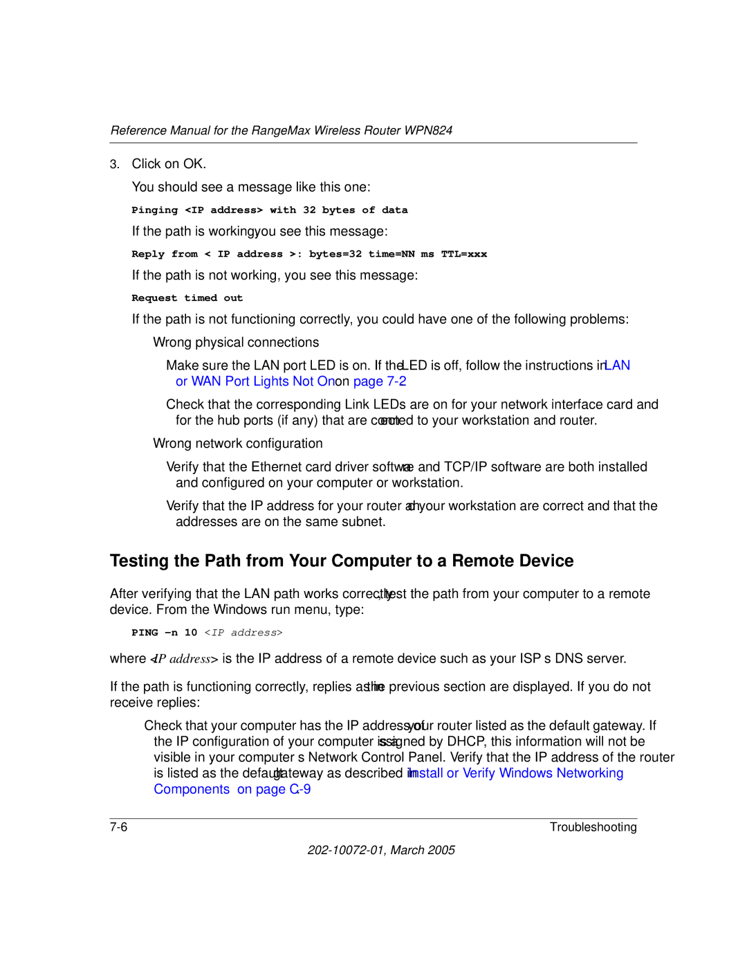 NETGEAR WPN824 manual Testing the Path from Your Computer to a Remote Device 