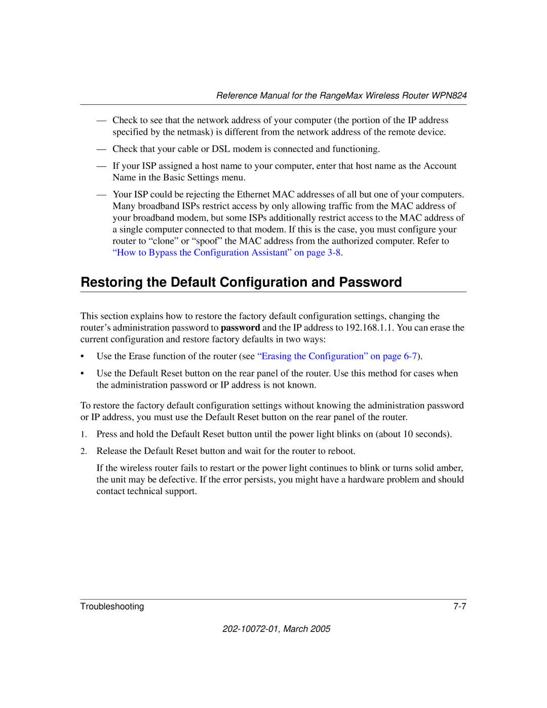 NETGEAR WPN824 manual Restoring the Default Configuration and Password 